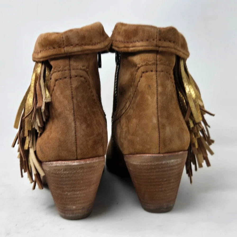 Sam Edelman Louie Cognac‎ Brown Suede Fringe Ankle Boots Gold Metallic Accents 9